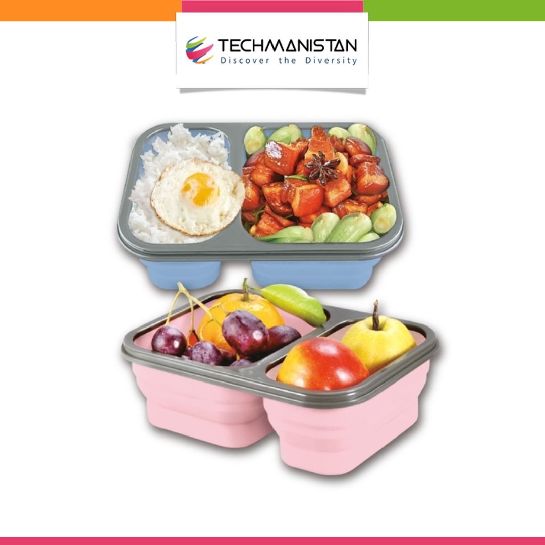 2 Compartments Foldable Silicon Bento Box With Fork - Techmanistan in Pakistan