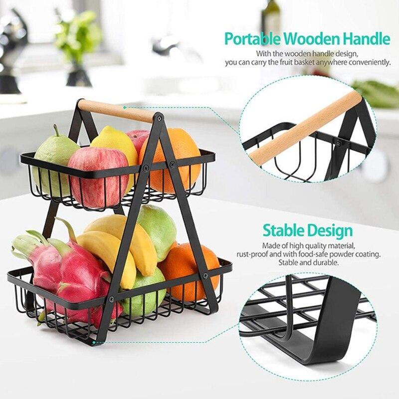2 Tier Countertop Fruits & Vegetables Storage Basket With Wooden Handle - Techmanistan in Pakistan