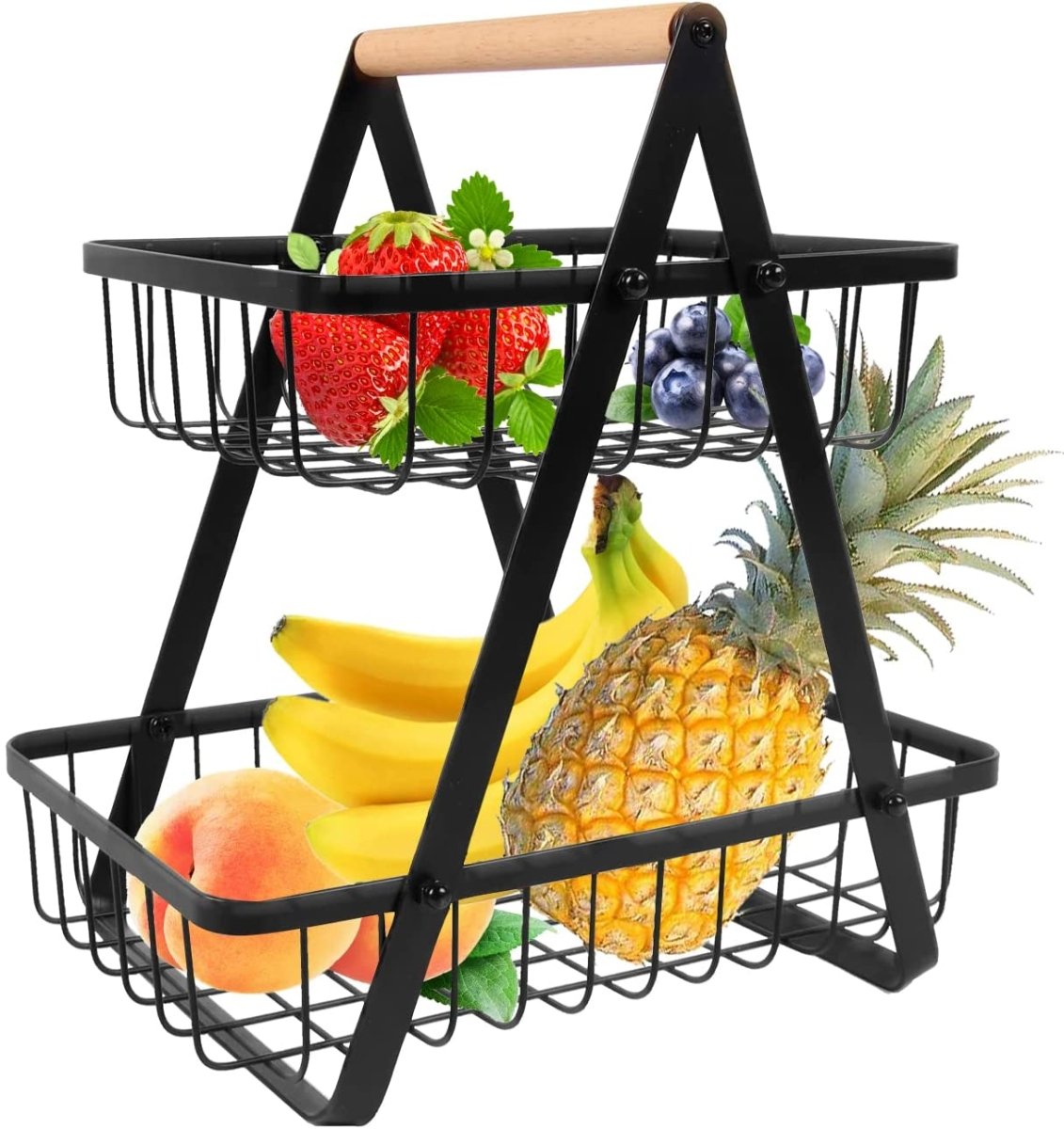 2 Tier Countertop Fruits & Vegetables Storage Basket With Wooden Handle - Techmanistan in Pakistan