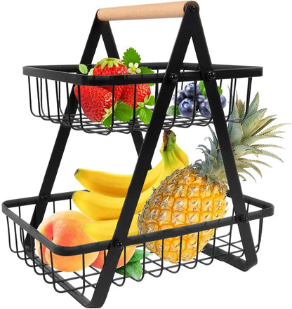 2 Tier Countertop Fruits & Vegetables Storage Basket With Wooden Handle - Techmanistan in Pakistan