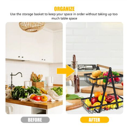2 Tier Countertop Fruits & Vegetables Storage Basket With Wooden Handle - Techmanistan in Pakistan