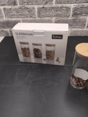 Set of 3 - Round Glass Kitchen Jars With Wooden Bamboo Lids