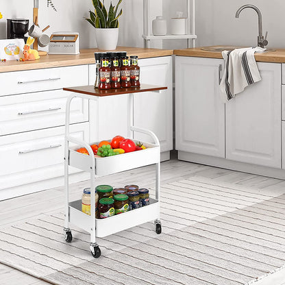 3-Tier Metal Rolling Cart with Wooden Top