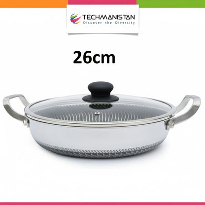 Flat Bottom Double Sided Laser Coated Honeycomb Layer Frying Pan With Lid & Dual Handle