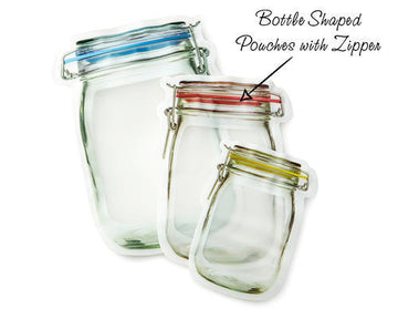 Set of 3 - Reusable Transparent Mason Jar Pattern Zipper Airtight Seal Bags Reusable Portable Food Saver Storage Bags for Travel Picnic Camping, Standup Zip Lock Seal Food Saver Leakproof Storage Bag