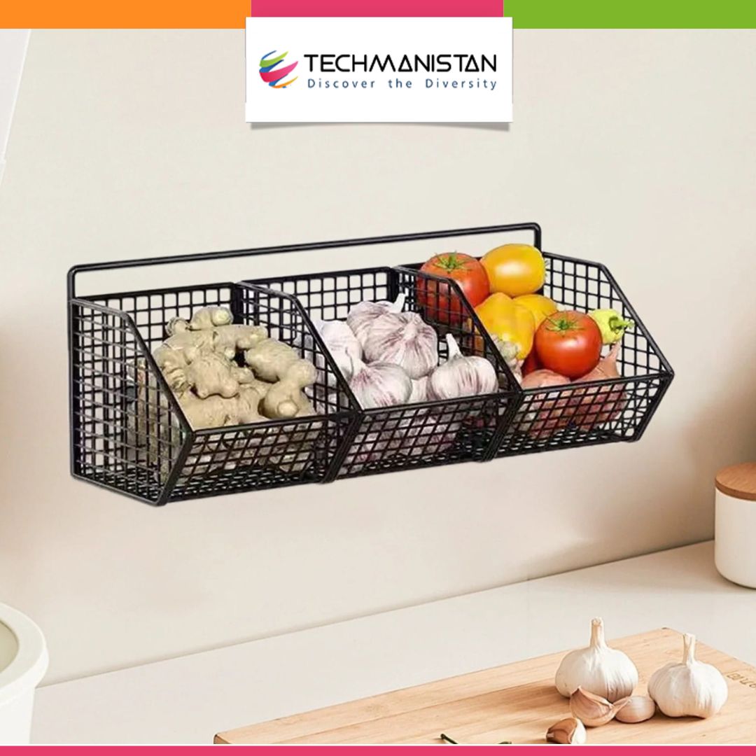 3 Grids Wall Mounted Metal Wire Storage Basket - Techmanistan in Pakistan