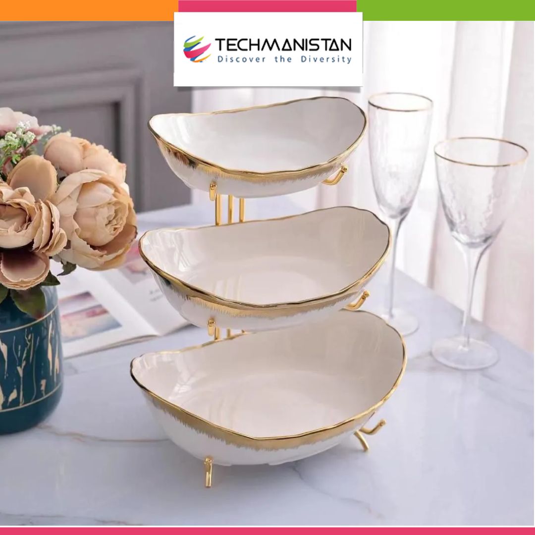 3 Layers Ceramic Bowls with Steel Stand - Techmanistan in Pakistan