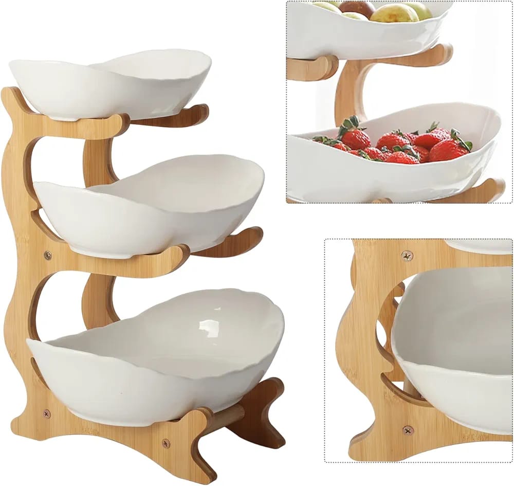 3 Layers Ceramic Bowls with Wooden Stand - Techmanistan in Pakistan