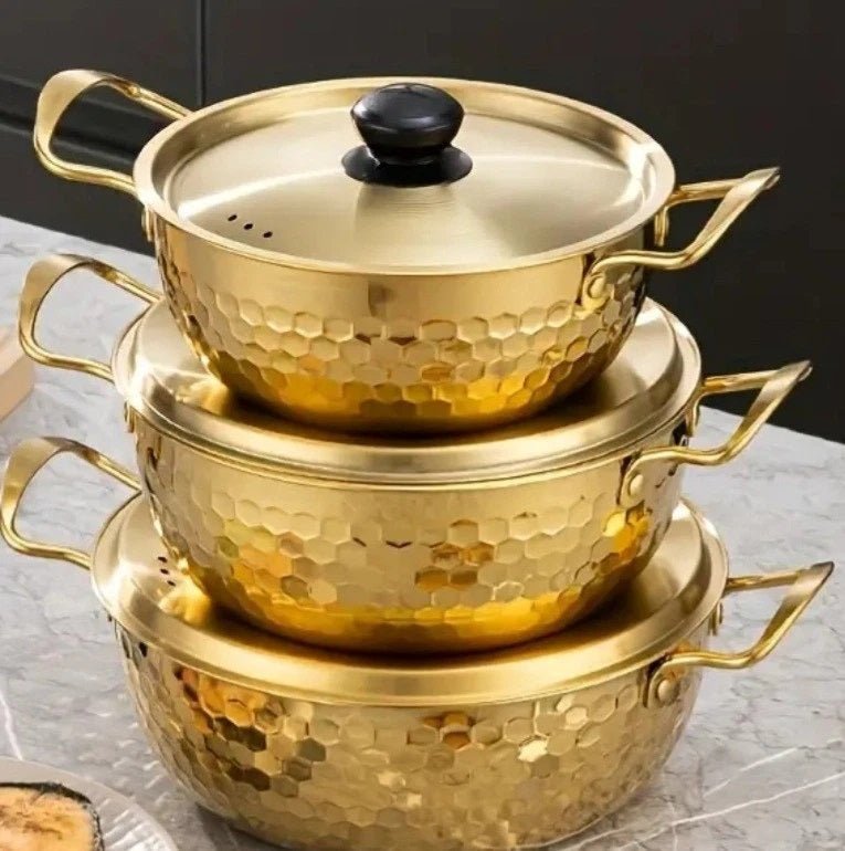 3 Piece Golden Hexagonal Pattern Cooking & Serving Ramen Pots with Lids - Techmanistan in Pakistan
