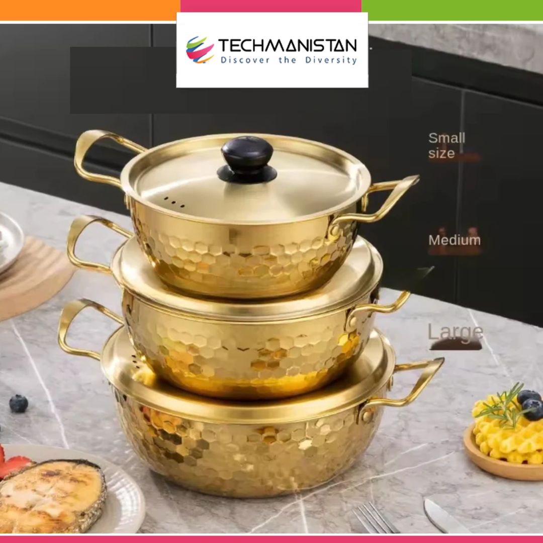 3 Piece Golden Hexagonal Pattern Serving Ramen Pots with Lids ...