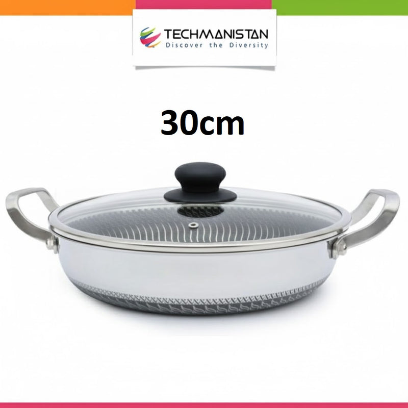 Flat Bottom Double Sided Laser Coated Honeycomb Layer Frying Pan With Lid & Dual Handle