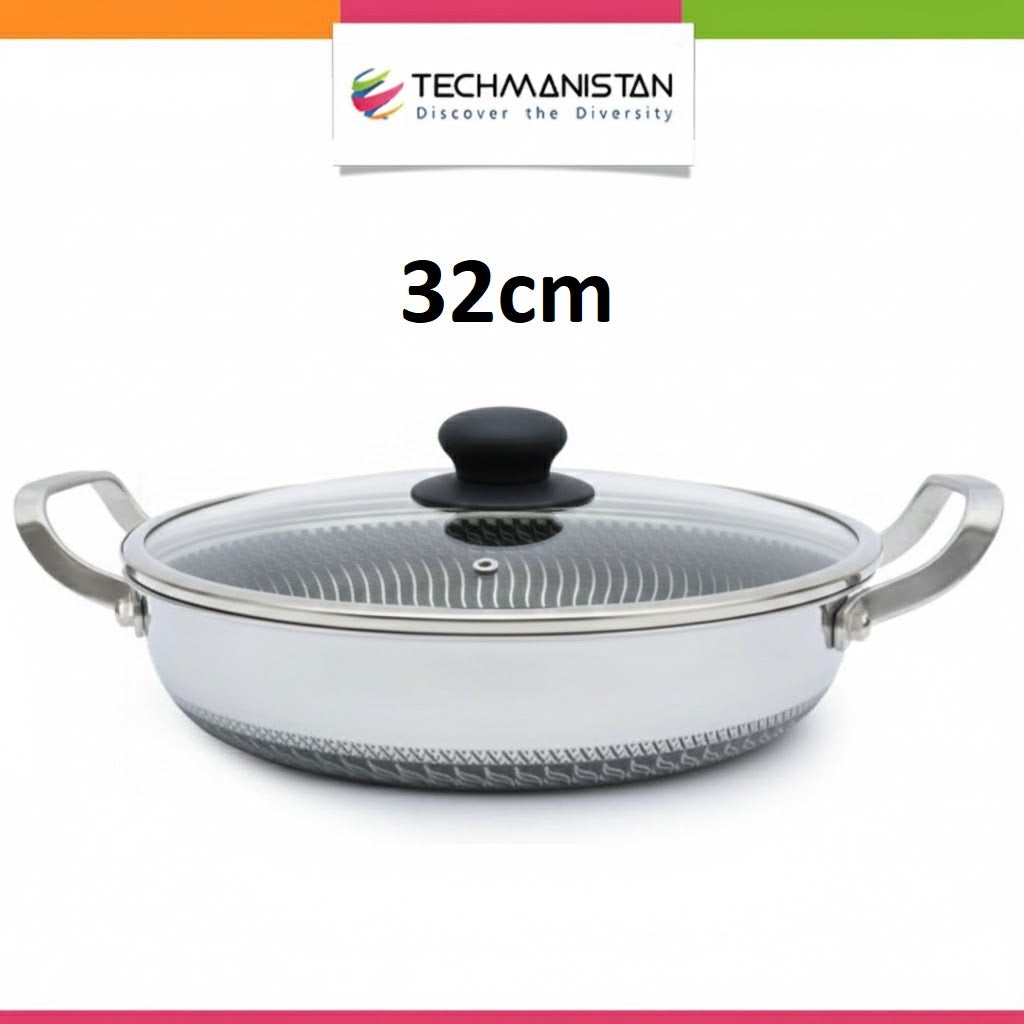 Flat Bottom Double Sided Laser Coated Honeycomb Layer Frying Pan With Lid & Dual Handle