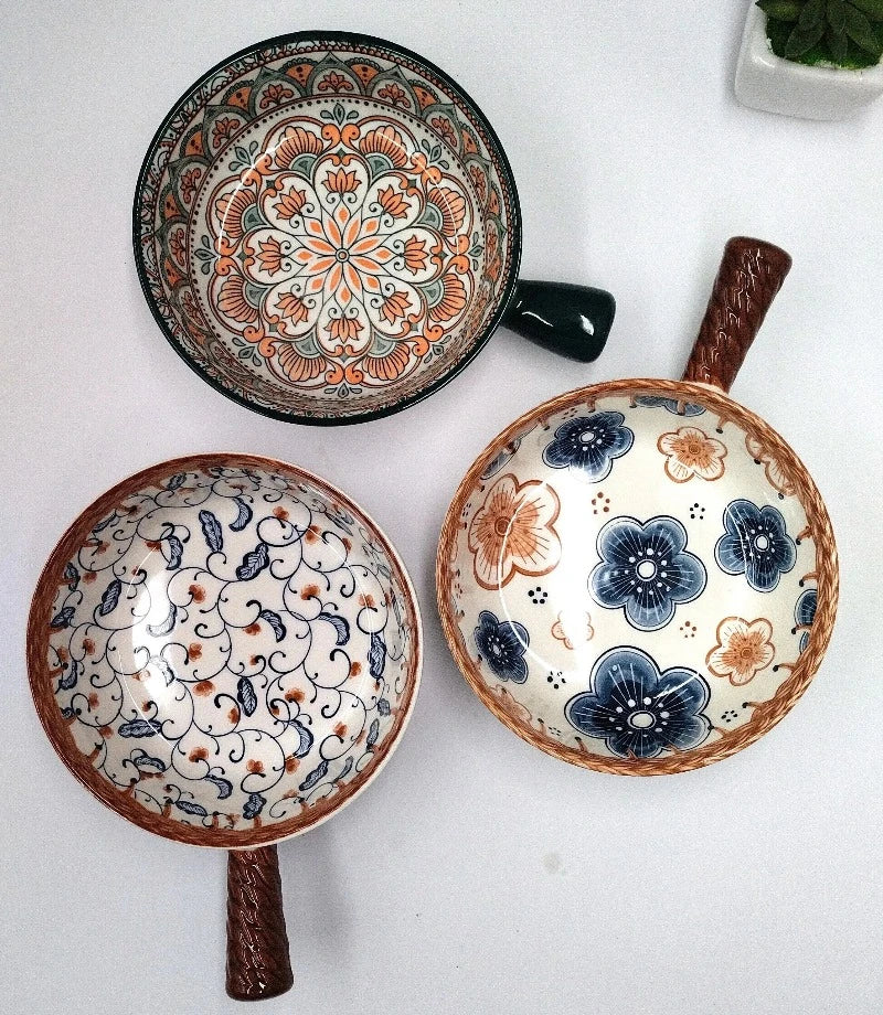 Mandala Print Ceramic Bowl with Handle – Korean Tableware for Pakistani Kitchens.