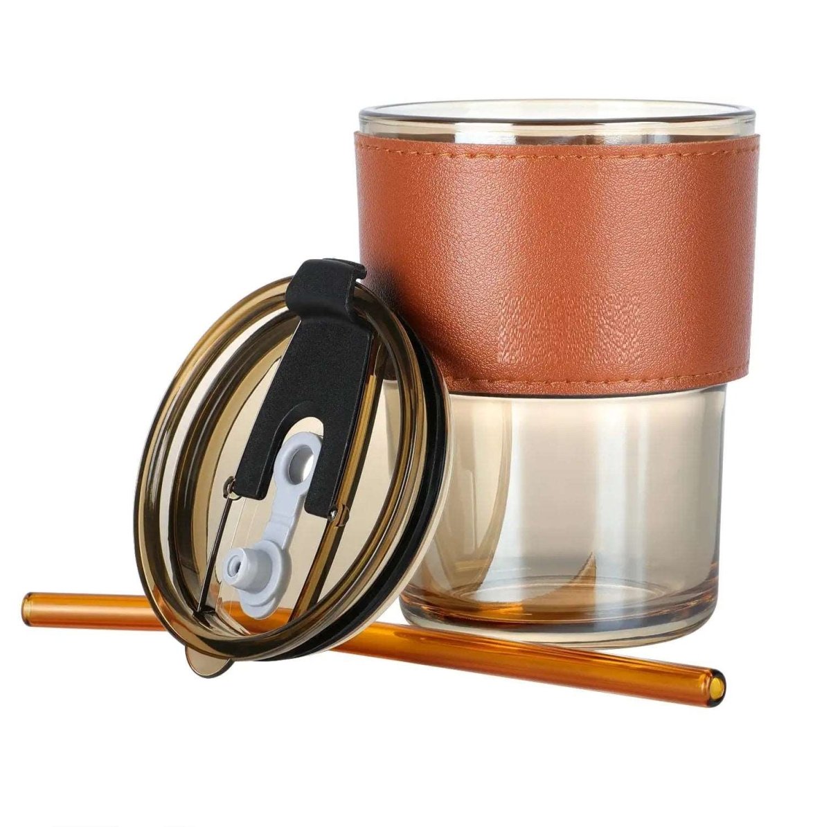 350ml Glass Tumbler with Straw & Leather Sleeve - Techmanistan in Pakistan