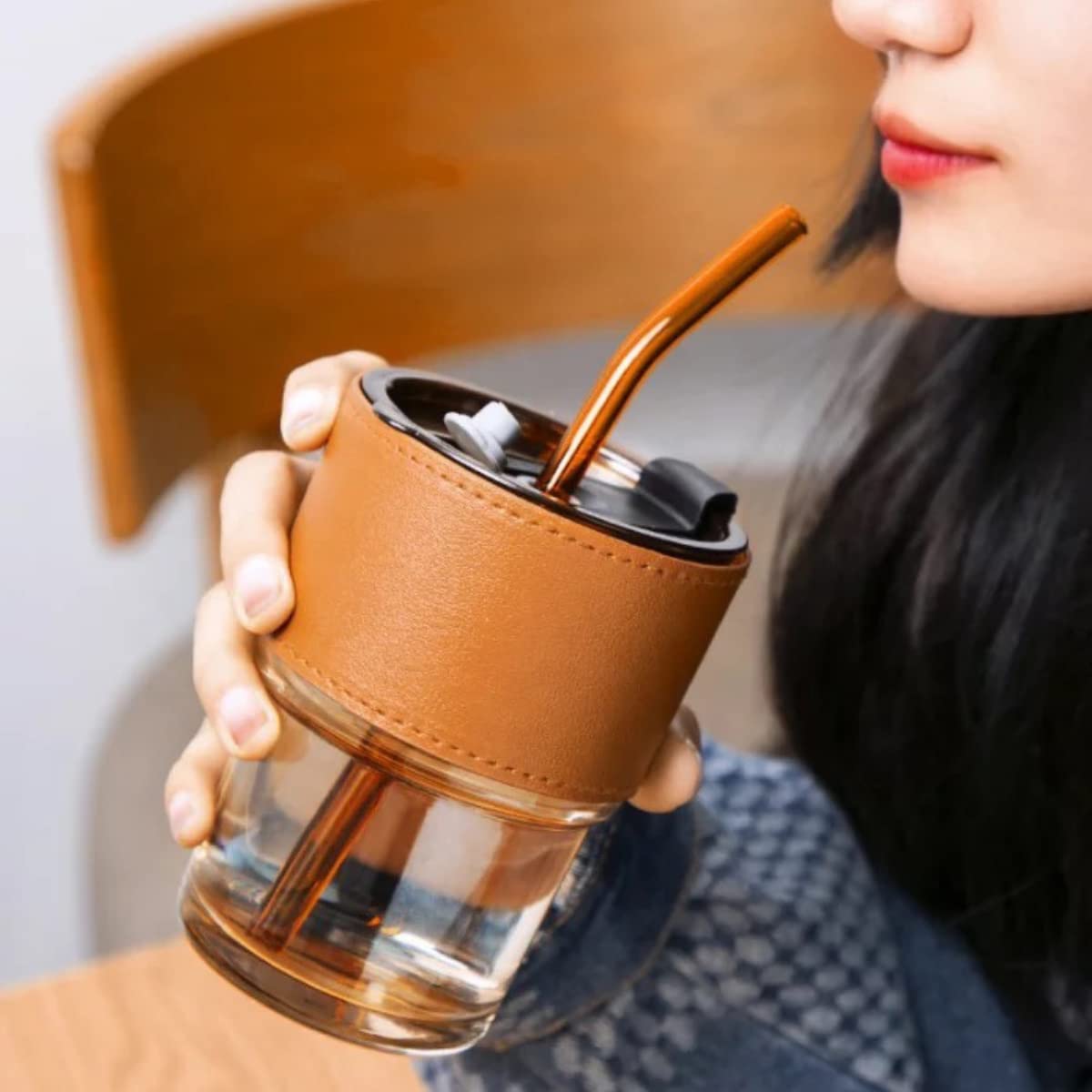 350ml Glass Tumbler with Straw & Leather Sleeve - Techmanistan in Pakistan