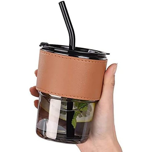 350ml Glass Tumbler with Straw & Leather Sleeve - Techmanistan in Pakistan