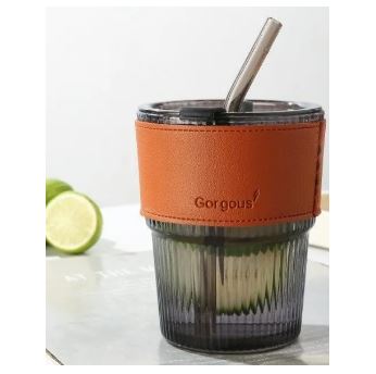 350ml Glass Tumbler with Straw & Leather Sleeve - Techmanistan in Pakistan