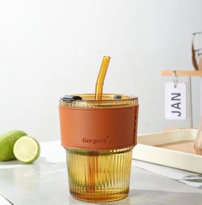 350ml Glass Tumbler with Straw & Leather Sleeve - Techmanistan in Pakistan