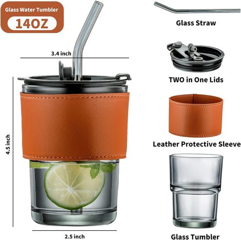 350ml Glass Tumbler with Straw & Leather Sleeve - Techmanistan in Pakistan