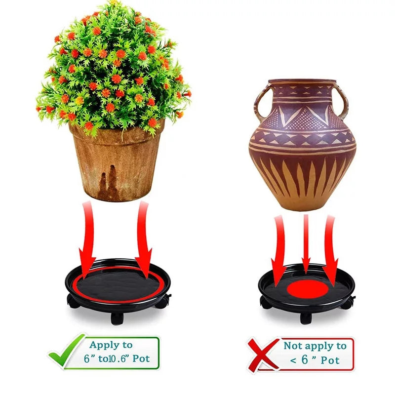 Techmanistan Rolling Round Plant Pot Stand with 3 Wheels, supporting a heavy potted plant.