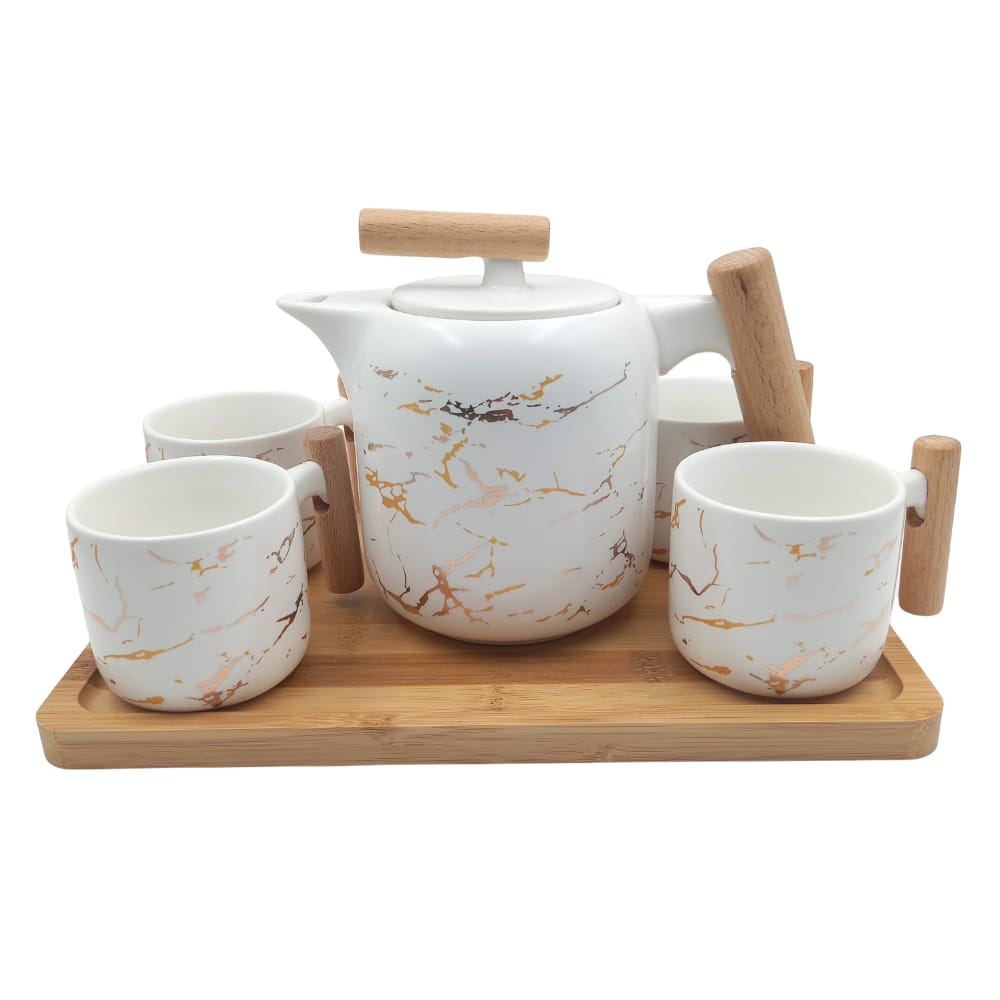 4 Pieces Tea Cups With Teapot & Wooden Tray - Techmanistan in Pakistan
