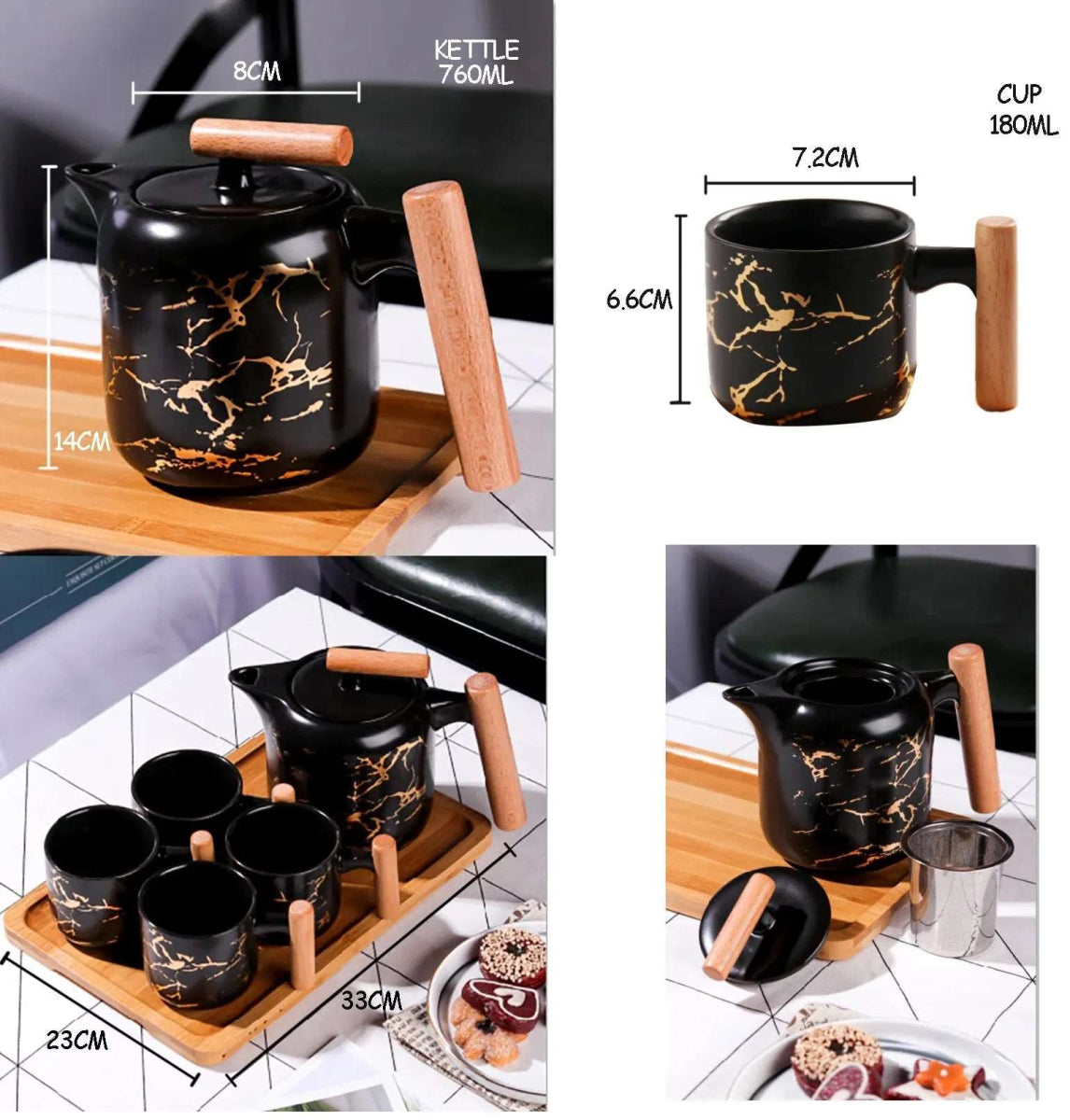 4 Pieces Tea Cups With Teapot & Wooden Tray - Techmanistan in Pakistan