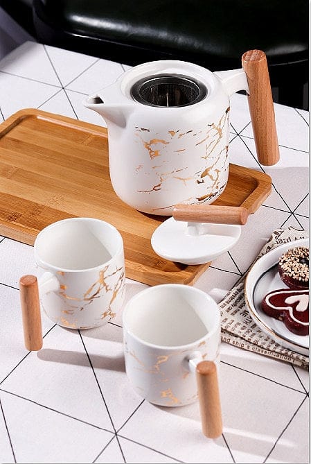 4 Pieces Tea Cups With Teapot & Wooden Tray - Techmanistan in Pakistan