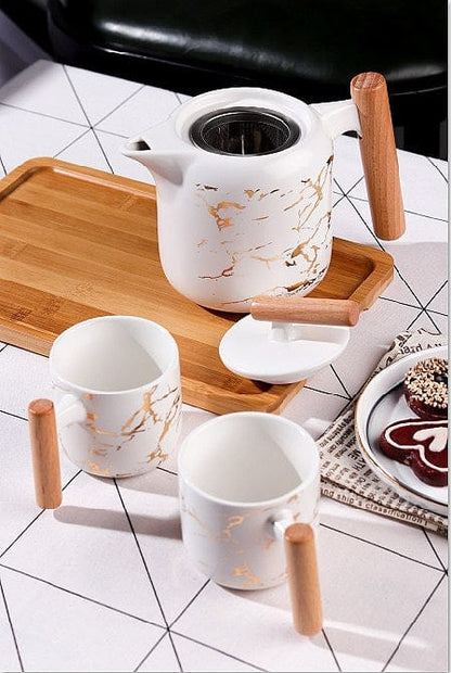 4 Pieces Tea Cups With Teapot & Wooden Tray - Techmanistan in Pakistan
