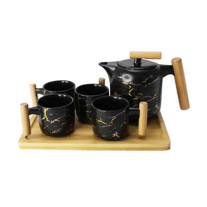 4 Pieces Tea Cups With Teapot & Wooden Tray - Techmanistan in Pakistan