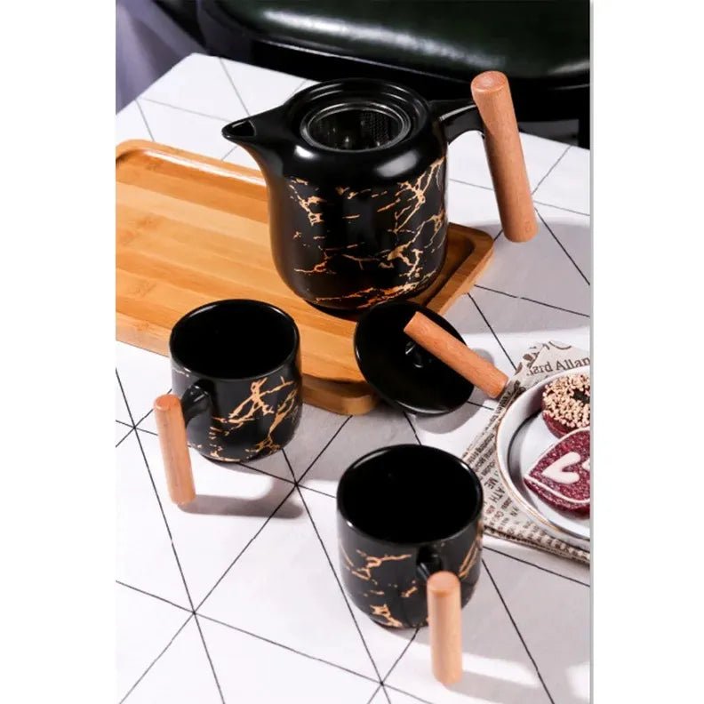 4 Pieces Tea Cups With Teapot & Wooden Tray - Techmanistan in Pakistan