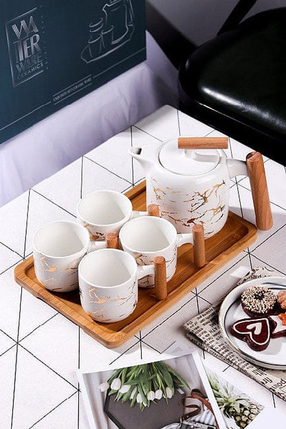 4 Pieces Tea Cups With Teapot & Wooden Tray - Techmanistan in Pakistan