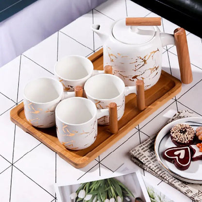 4 Pieces Tea Cups With Teapot & Wooden Tray - Techmanistan in Pakistan