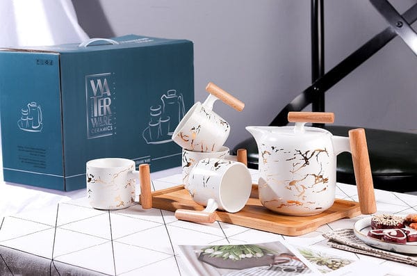 4 Pieces Tea Cups With Teapot & Wooden Tray - Techmanistan in Pakistan