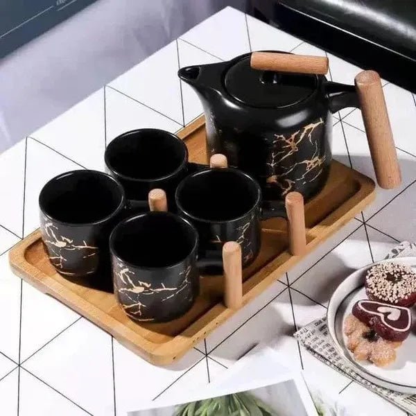 4 Pieces Tea Cups With Teapot & Wooden Tray - Techmanistan in Pakistan