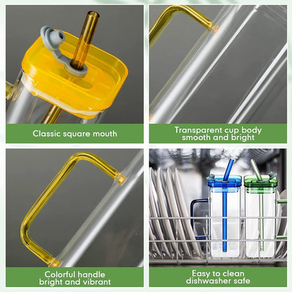 400ml Square Glass Mug With Handle, Straw & Lid - Techmanistan in Pakistan