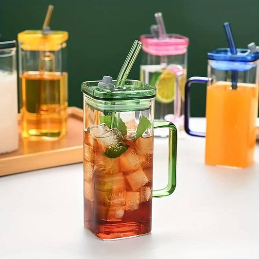 400ml Square Glass Mug With Handle, Straw & Lid - Techmanistan in Pakistan