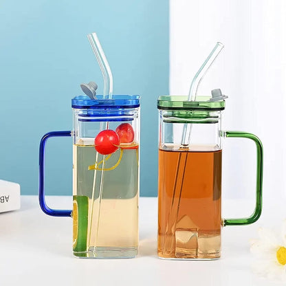 400ml Square Glass Mug With Handle, Straw & Lid - Techmanistan in Pakistan