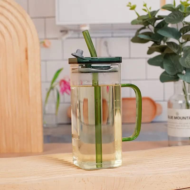 400ml Square Glass Mug With Handle, Straw & Lid - Techmanistan in Pakistan