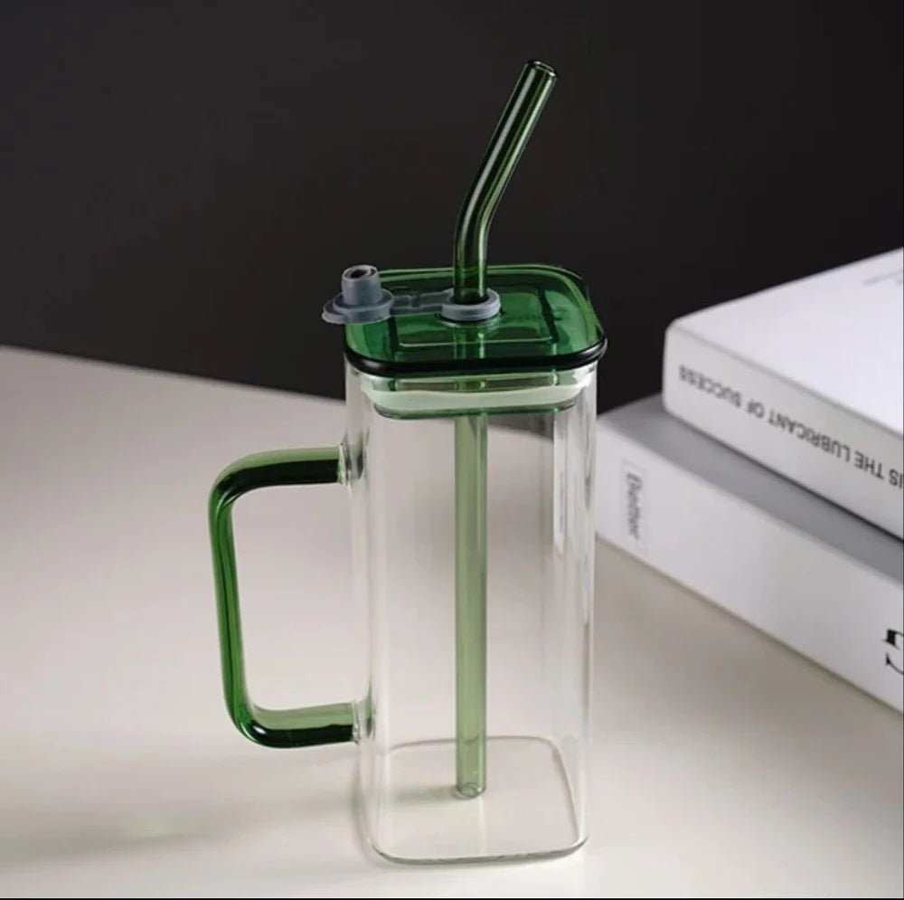 400ml Square Glass Mug With Handle, Straw & Lid - Techmanistan in Pakistan