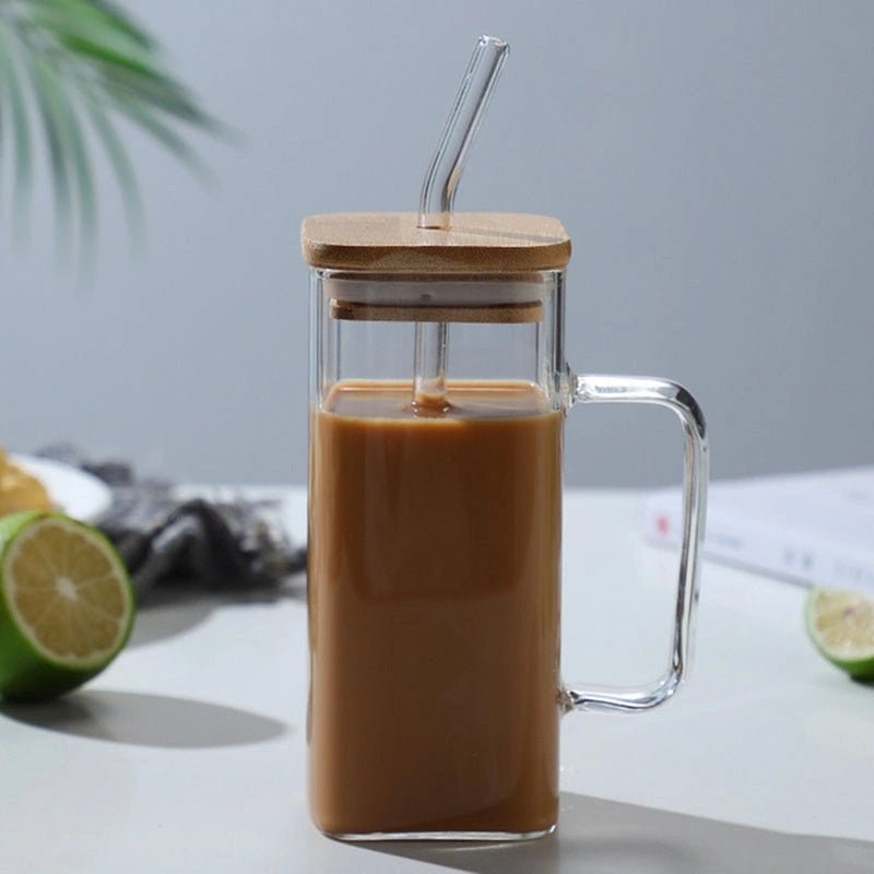 400ml Square Glass Mug With Handle, Straw & Wooden Lid - Techmanistan in Pakistan