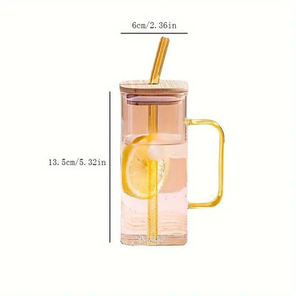 400ml Square Glass Mug With Handle, Straw & Wooden Lid - Techmanistan in Pakistan