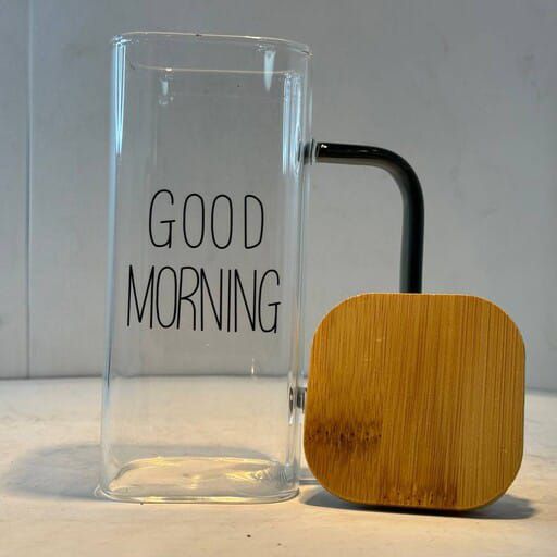 400ml Square Glass Mug With Handle, Straw & Wooden Lid - Techmanistan in Pakistan