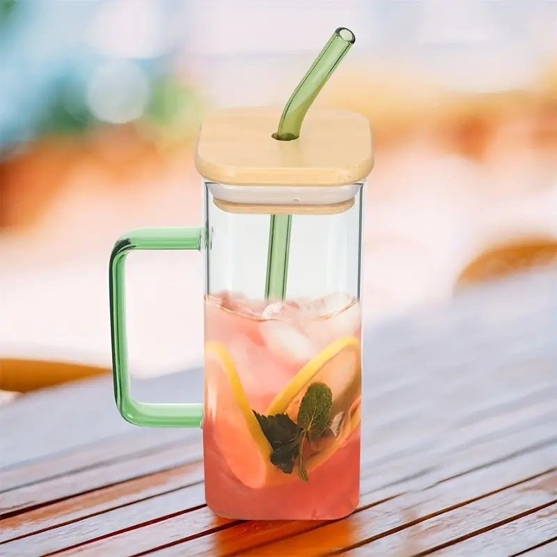 400ml Square Glass Mug With Handle, Straw & Wooden Lid - Techmanistan in Pakistan