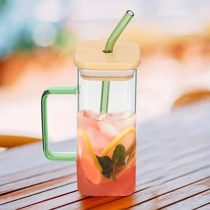 400ml Square Glass Mug With Handle, Straw & Wooden Lid - Techmanistan in Pakistan