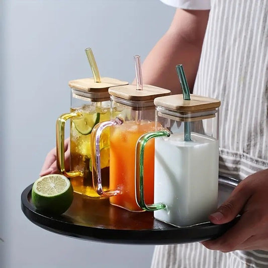 400ml Square Glass Mug With Handle, Straw & Wooden Lid - Techmanistan in Pakistan
