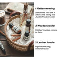 A rustic basket with a rattan weave, a polished wooden border, and leather handles holds various essential oil bottles and dried cinnamon sticks on a cloth lining. The accompanying text describes the craftsmanship of Techmanistan's Hand Woven Round Rattan Baskets' elements.