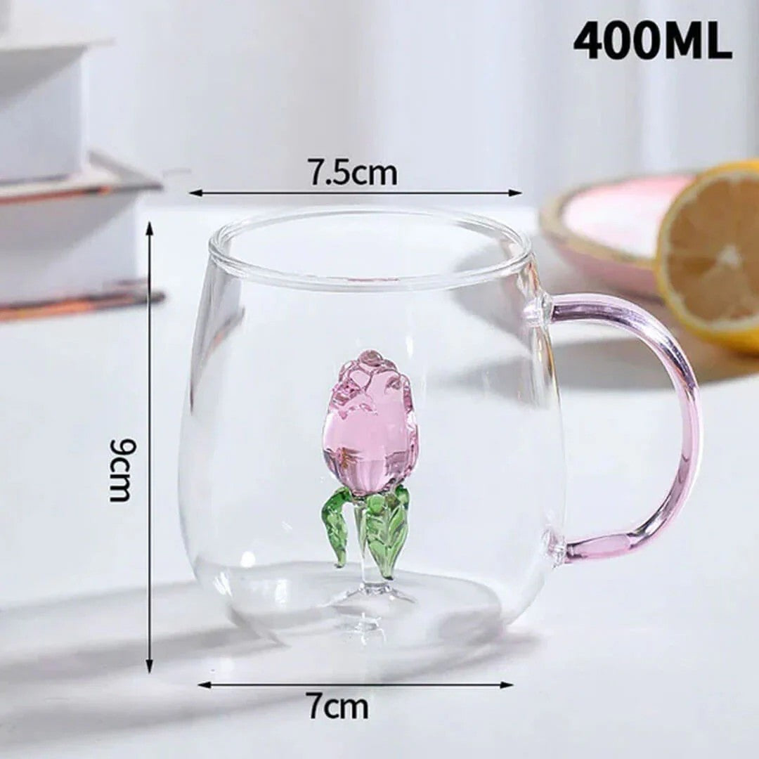 3D Rose Glass Mug with Handle