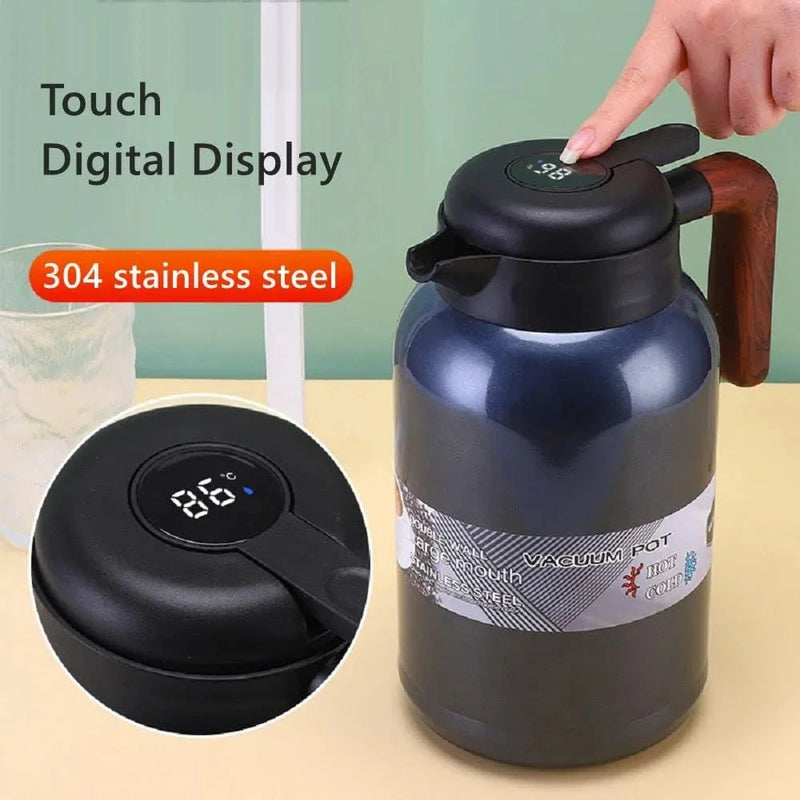 Random Color - 2000ml Temperature Display Vacuum Coffee Pot With Wooden Handle Techmanistan