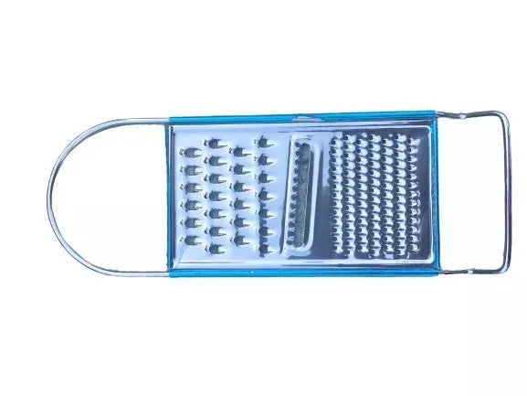 The Techmanistan 3in1 Stainless Steel Vegetable Slicer Chopper Grater features a rectangular body with multiple grating surfaces of varying sizes and shapes, and has a handle on each end. This versatile kitchen tool has blue edges and is displayed against a plain white background.