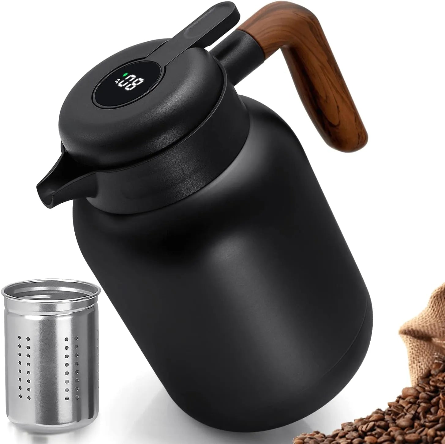 Random Color - 2000ml Temperature Display Vacuum Coffee Pot With Wooden Handle